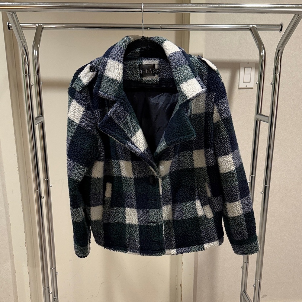 Rehab Plaid Teddy Jacket in Navy and White